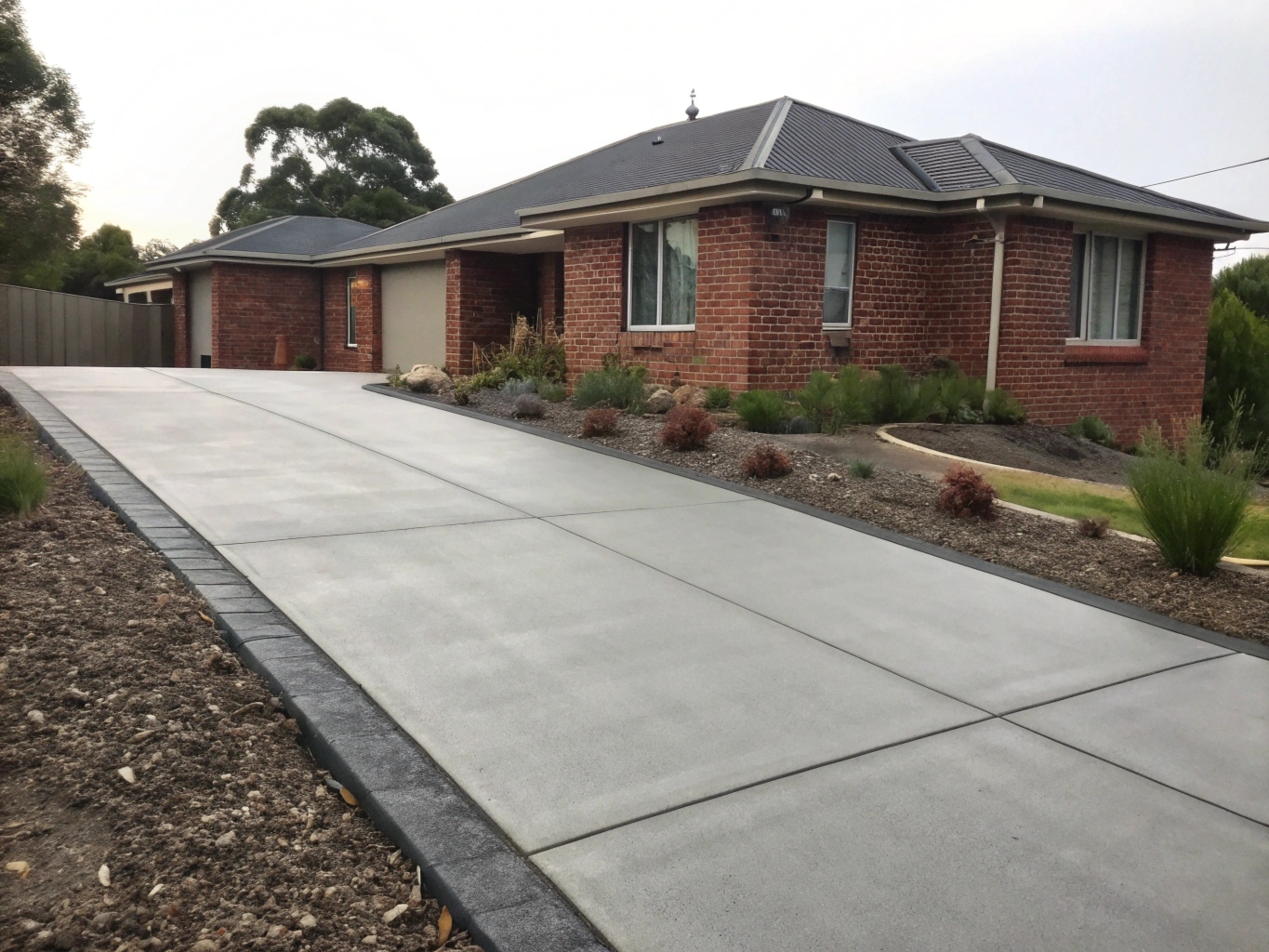 freshly completed broom-finished concrete driveway at a Hobart home