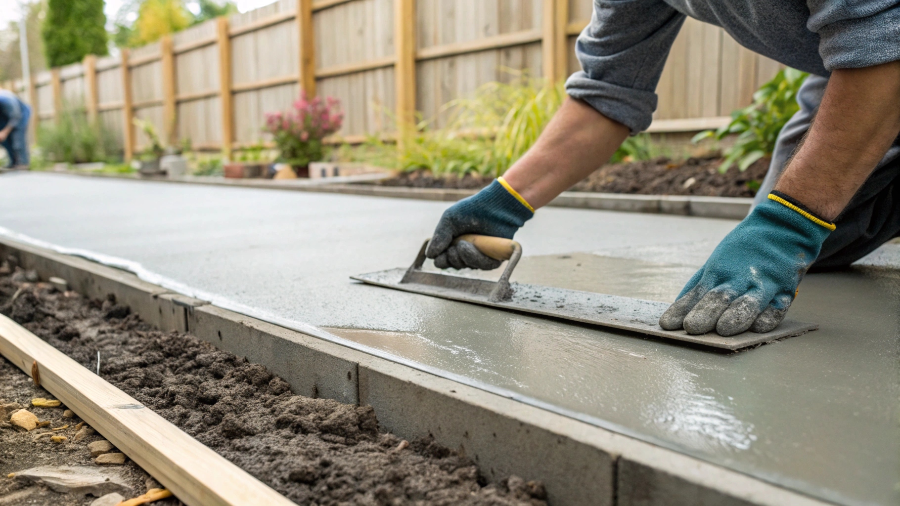concreter hand-trowelling a freshly poured patio slab