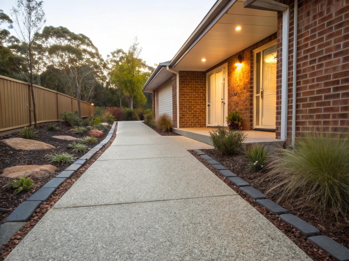 finished exposed-aggregate concrete pathway leading to a home entry