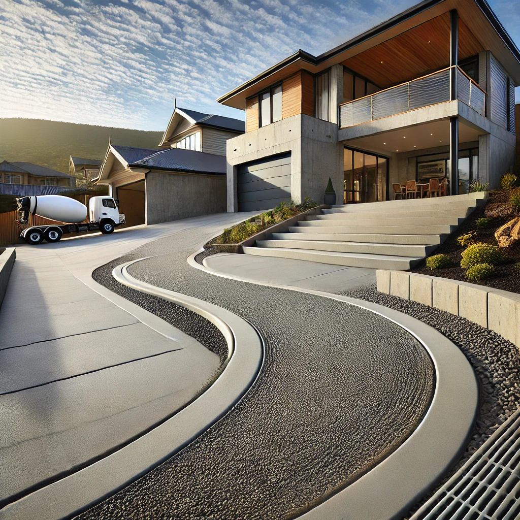 A concrete driveway leading up to a residential house