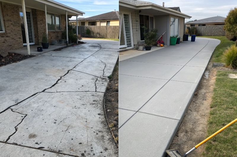 A split image of before and after concrete resurfacing process