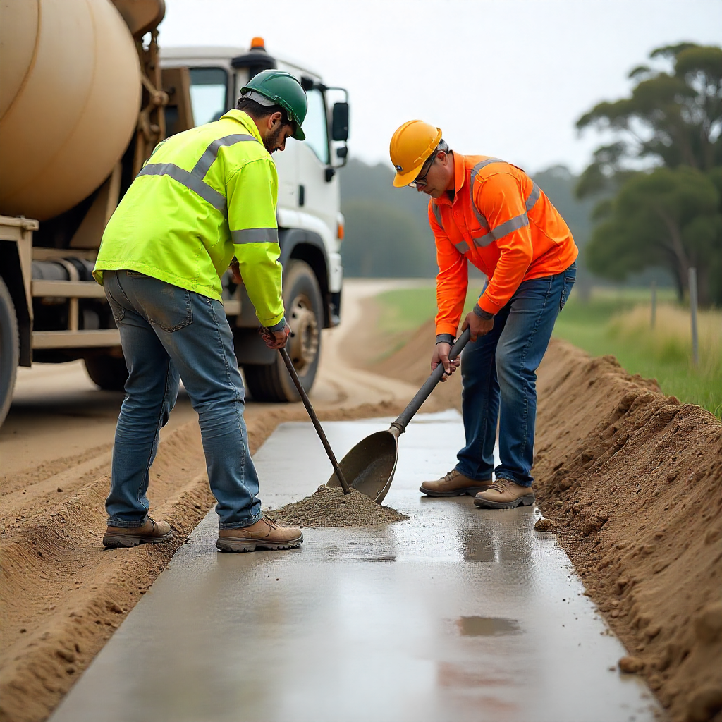 Professional Concrete Contractors Pouring Marine-Grade Concrete Driveway on Australian Coastal Site