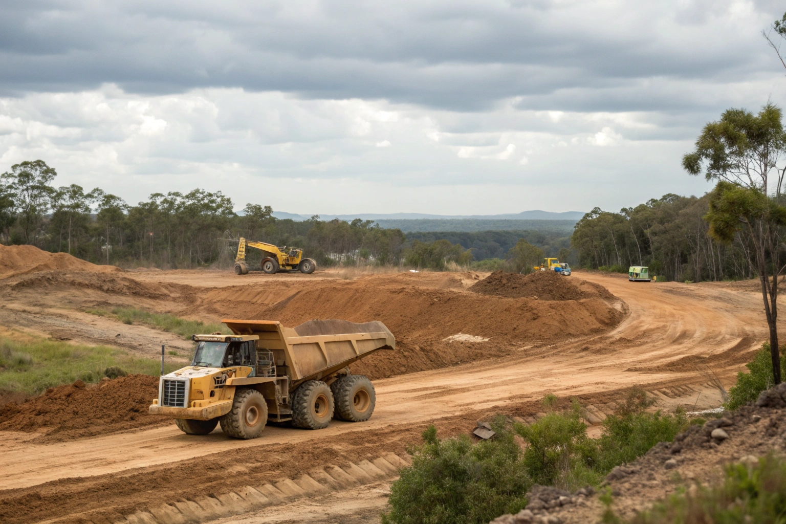 Earthmoving equipment managing material on bulk excavation project in Hobart