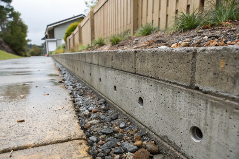 Concrete retaining wall weep holes draining water with gravel base preventing hydrostatic pressure buildup