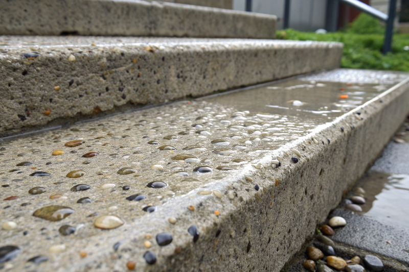 Close-up of exposed aggregate non-slip concrete step surface texture with water droplets in Hobart - Concrete Power Hobart