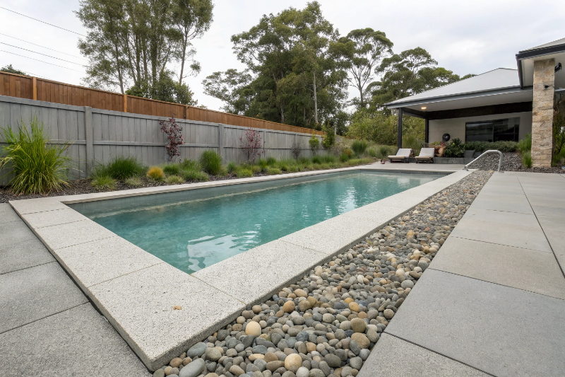 Exposed aggregate concrete pool surround in Hobart with natural stone texture and glass pool fencing