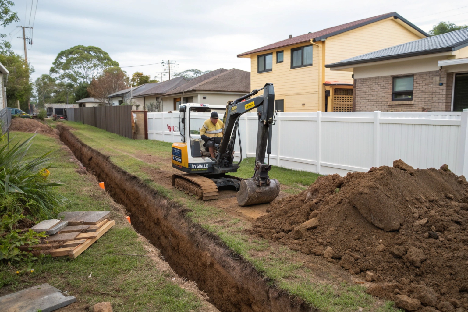 Mini excavator performing trenching work in Hobart residential property