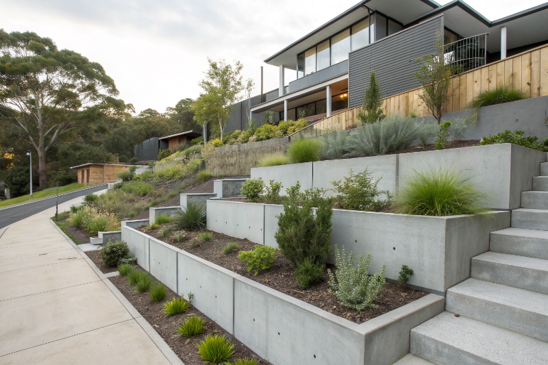 Concrete retaining walls creating terraced levels on sloped Hobart property with garden beds and mountain views