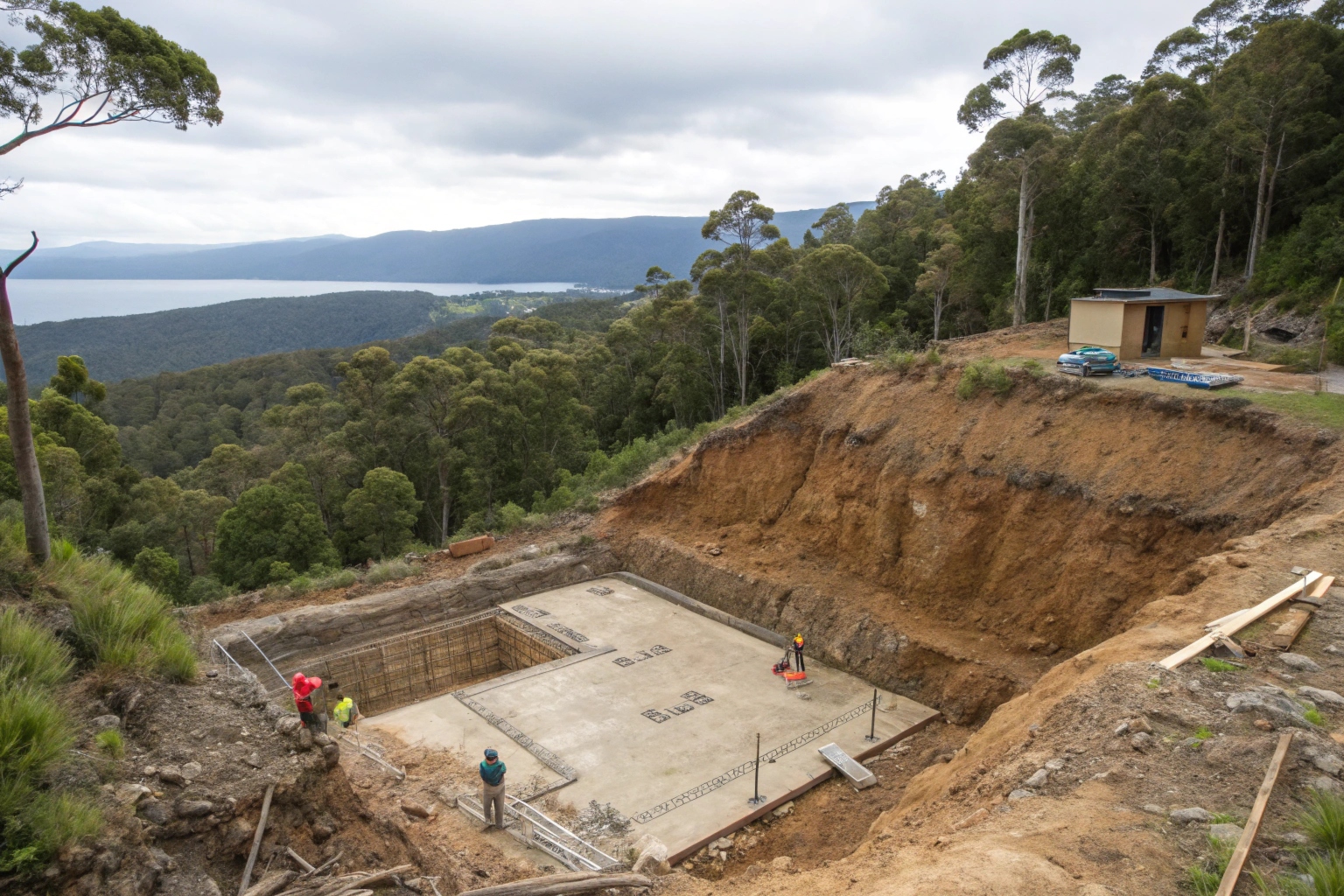 Cut and fill building platform prepared for construction on Hobart hillside site