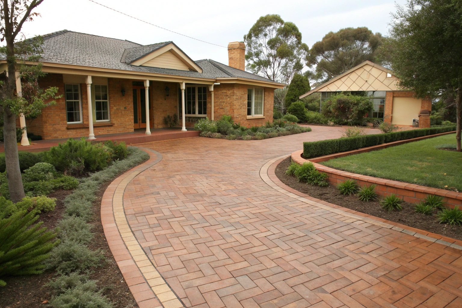 A front entrance courtyard with stamped concrete in herringbone brick pattern, warm earth tones, Federation-style Hobart home facade, well-maintained garden borders