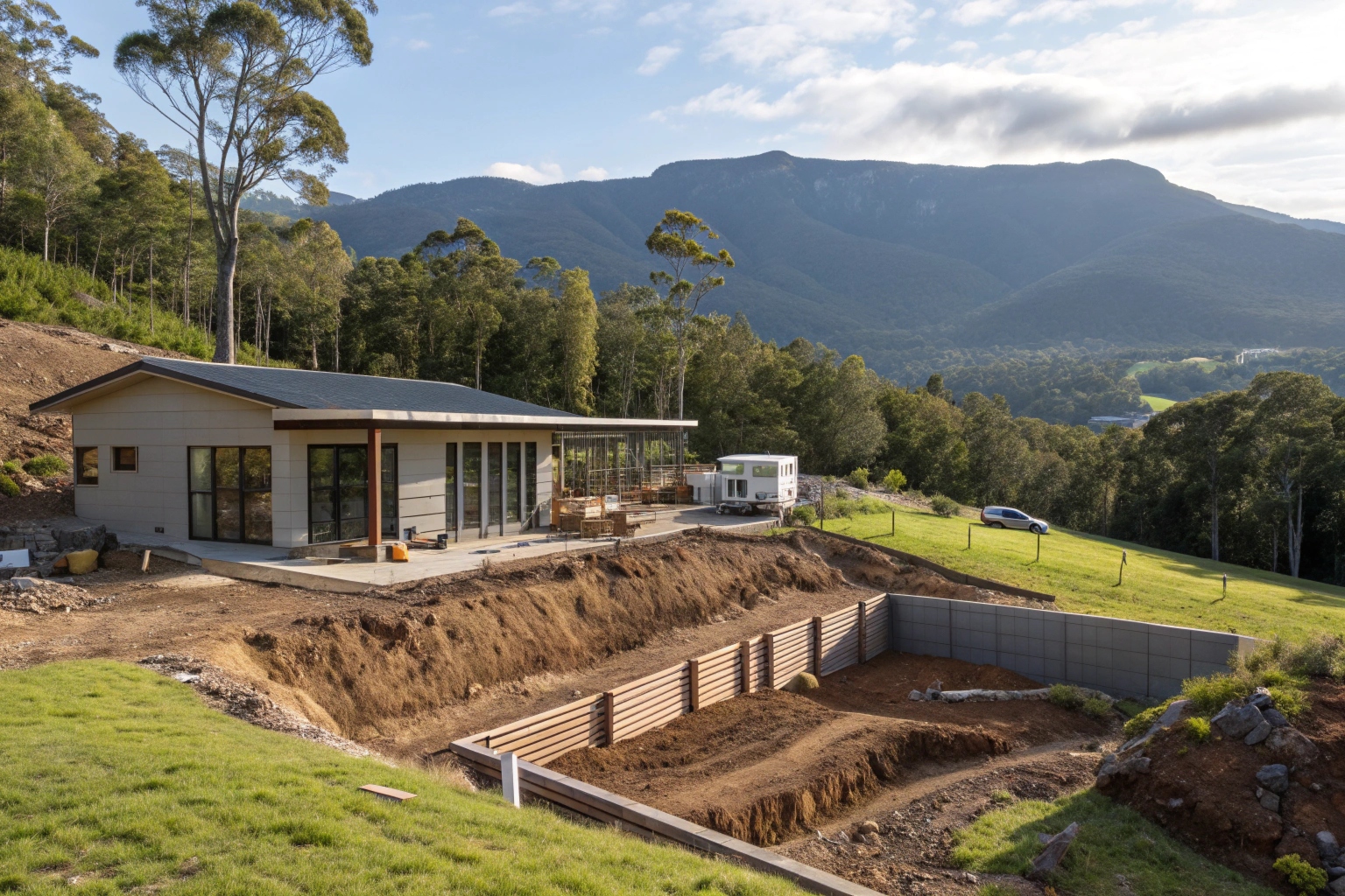A modern Australian home under construction on a sloping block with mountain views in the background, excavated foundation trenches