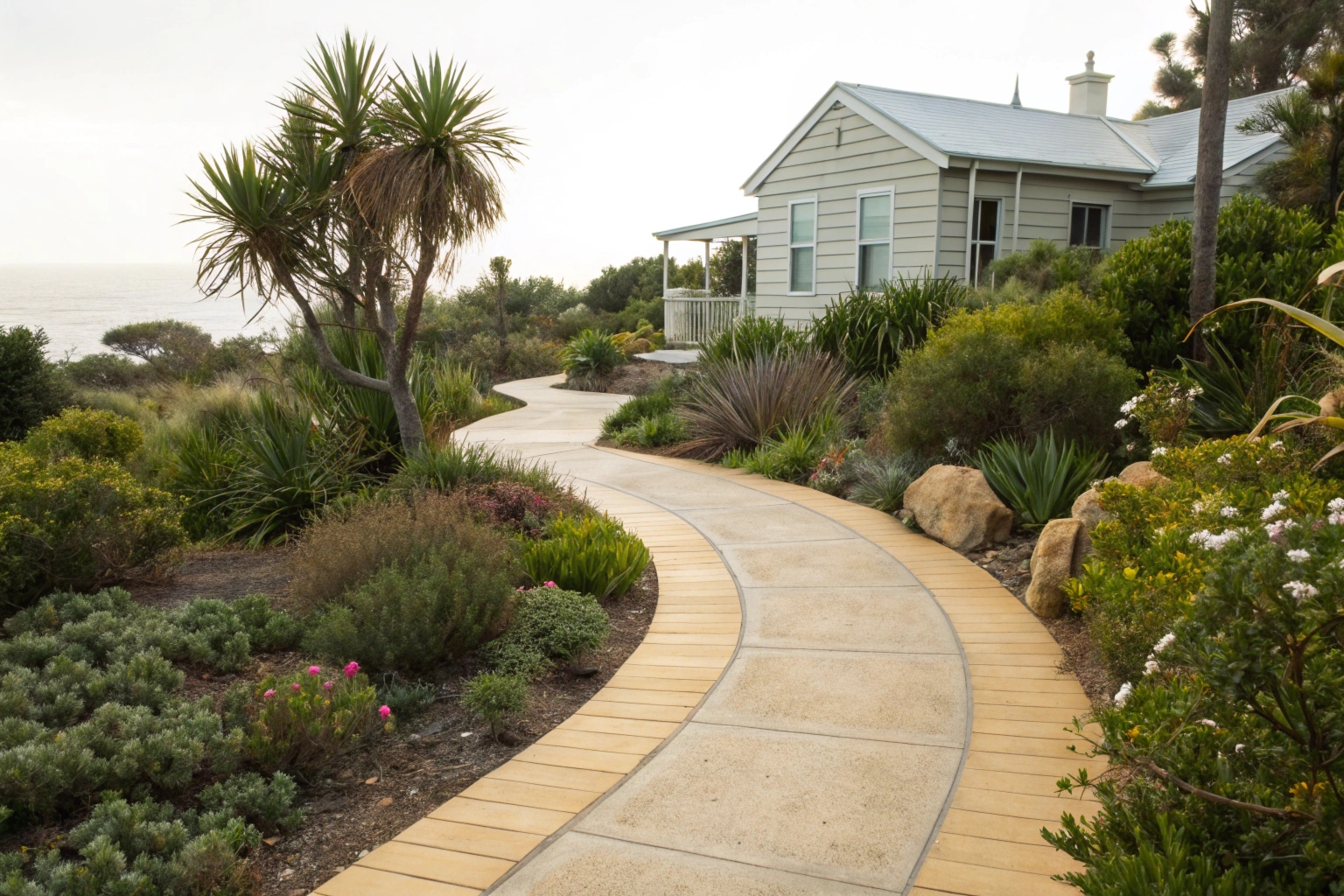 A sandstone-coloured concrete pathway winding through a garden with coastal plants