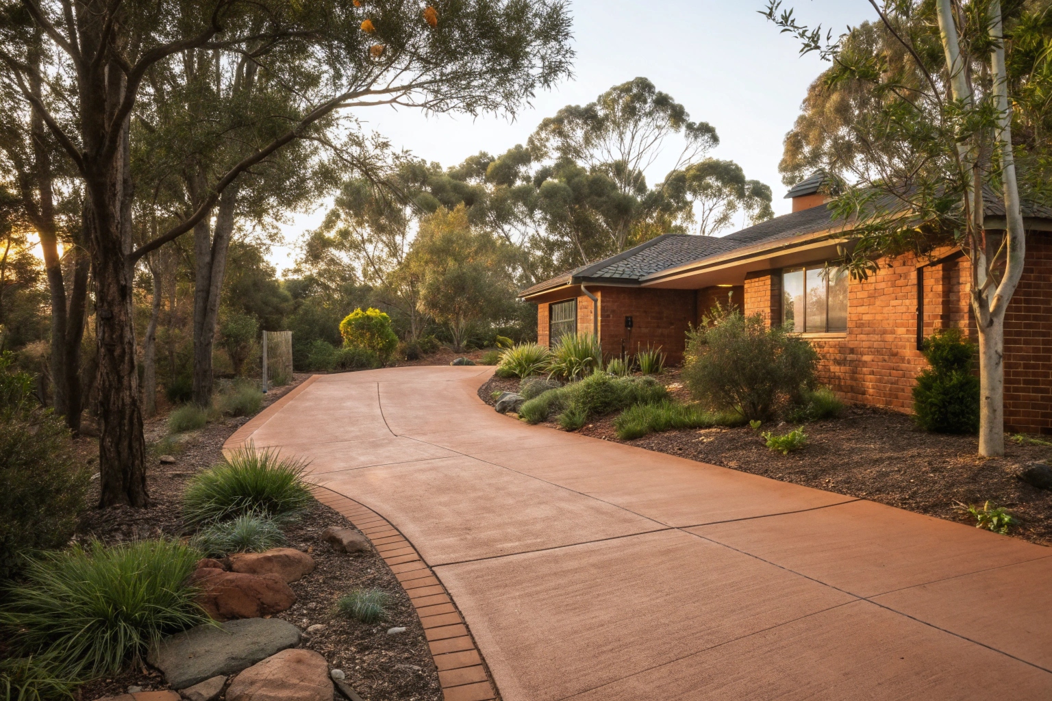 A terracotta-coloured concrete driveway leading to a brick home in an Australian suburb, surrounded by native garden plants and gum trees