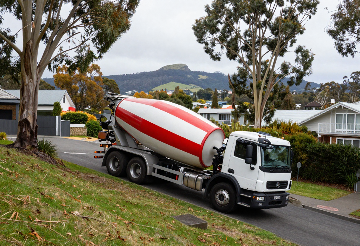 concrete mixer truck navigating a steep residential driveway in a Hobart hillside suburb